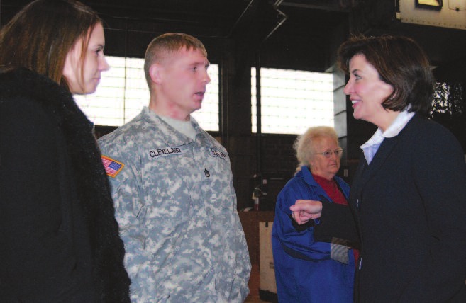 U.S. Rep. Kathy Hochul speaks with Staff Sgt. Steven Cleveland and his wife, Sherry, both of Clarence.