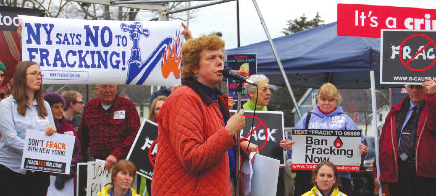 Local pediatrician Dr. Gayle Mosher addresses the media during a press conference of the anti-hydro-fracking group Frack Free Genesee and environmental activists prior to the DEC hearings last week in Dansville.